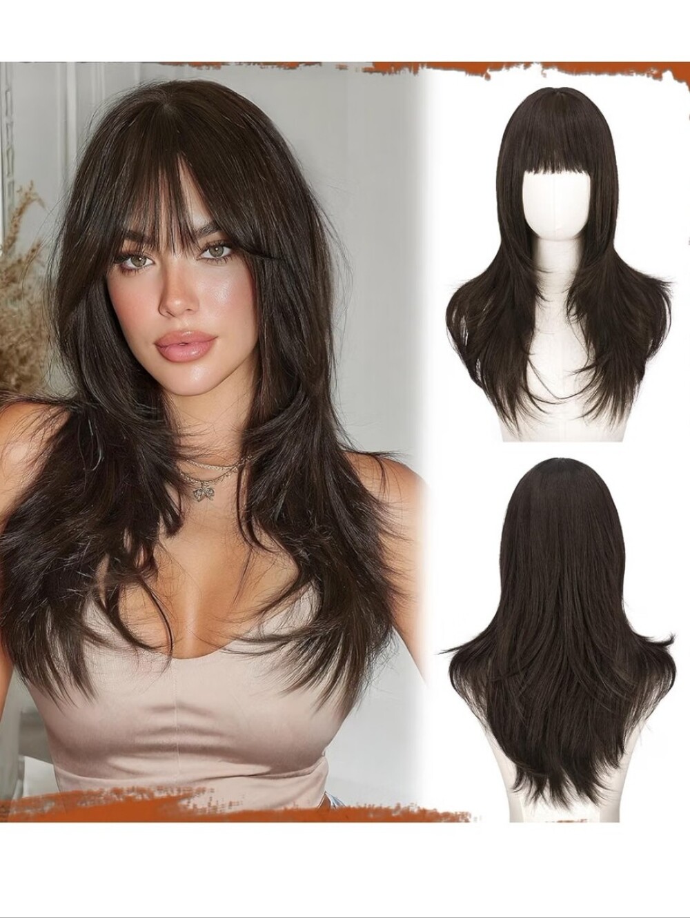 Brown Wig with Bang 24 Inch Long Straight Layered Wig Synthetic